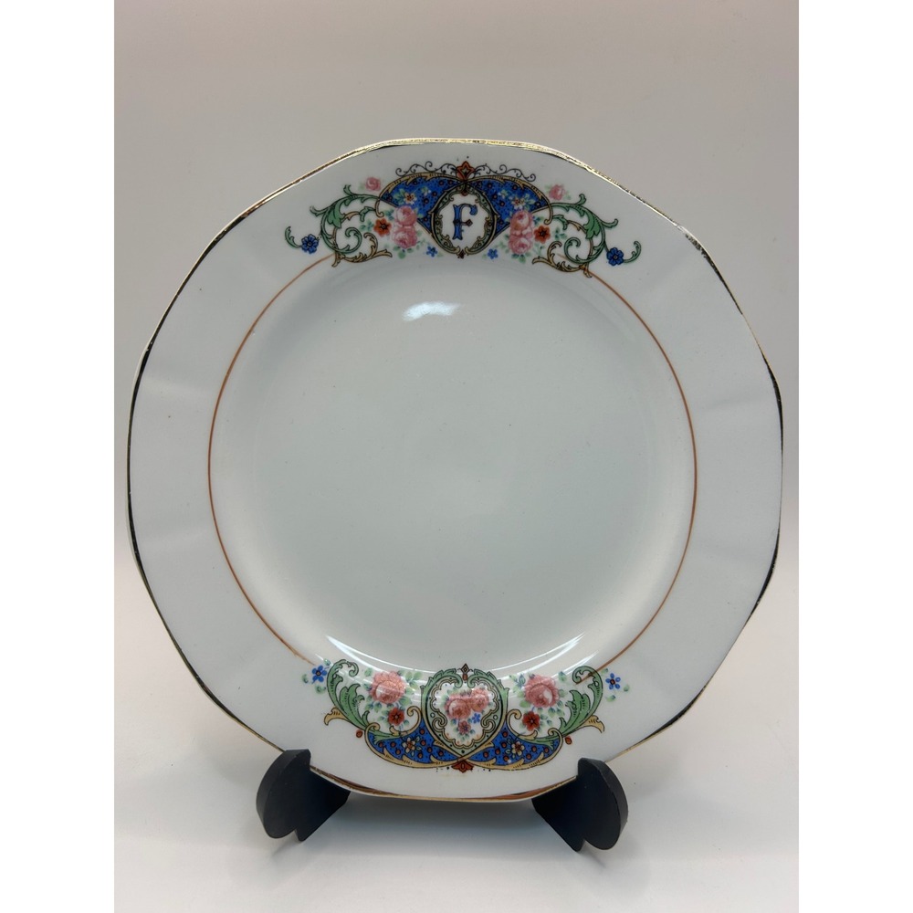 Vintage 6.5" French Porcelain Salad Plate Monogram F Floral Gold